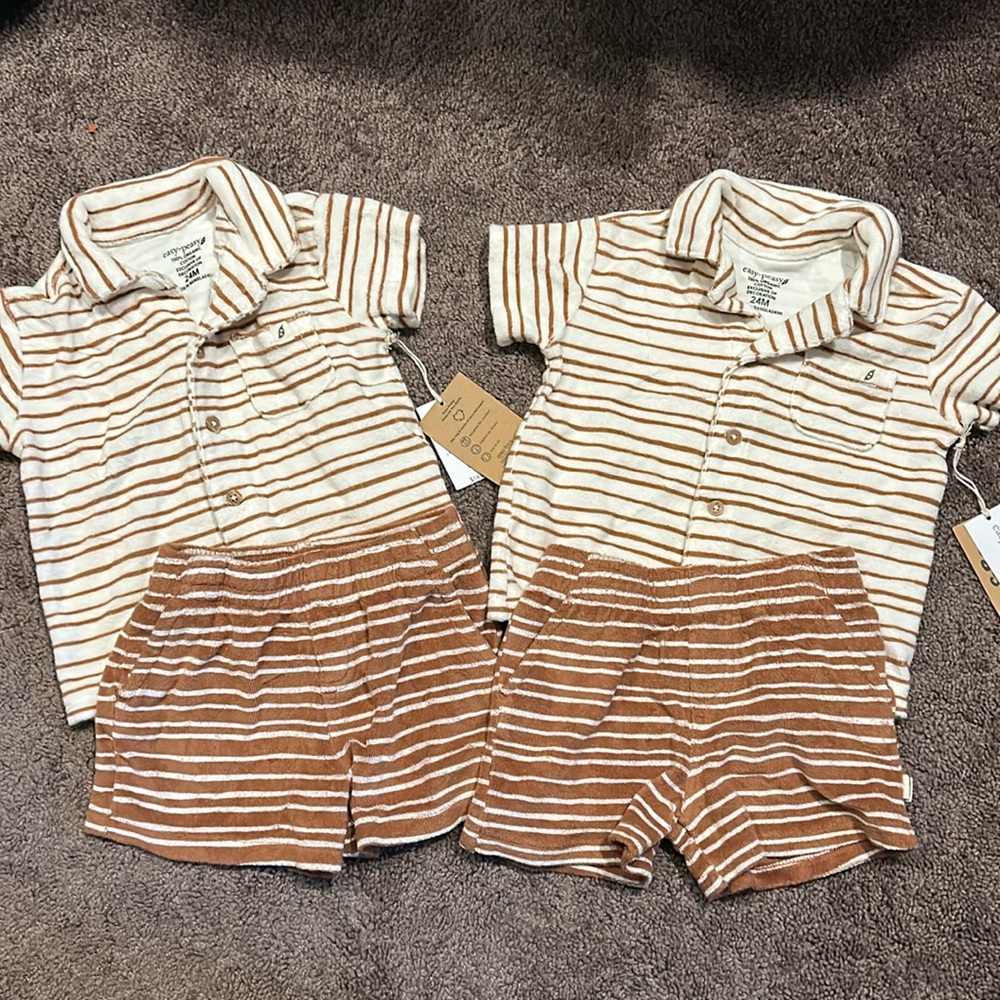 Easy Peezy tan and cream striped cherry cloth 2 piece matching twin set